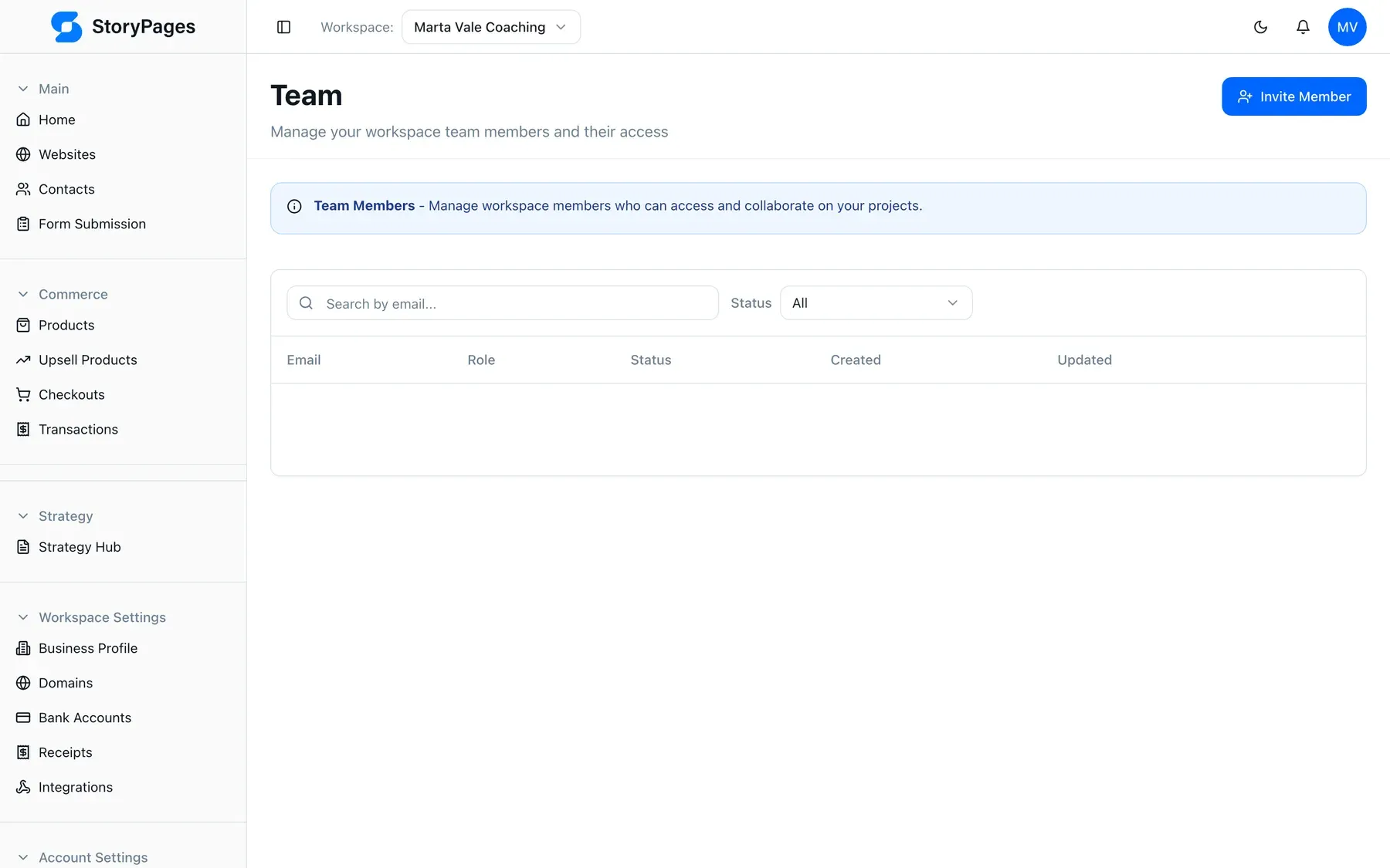 StoryPages team management screen for inviting collaborators