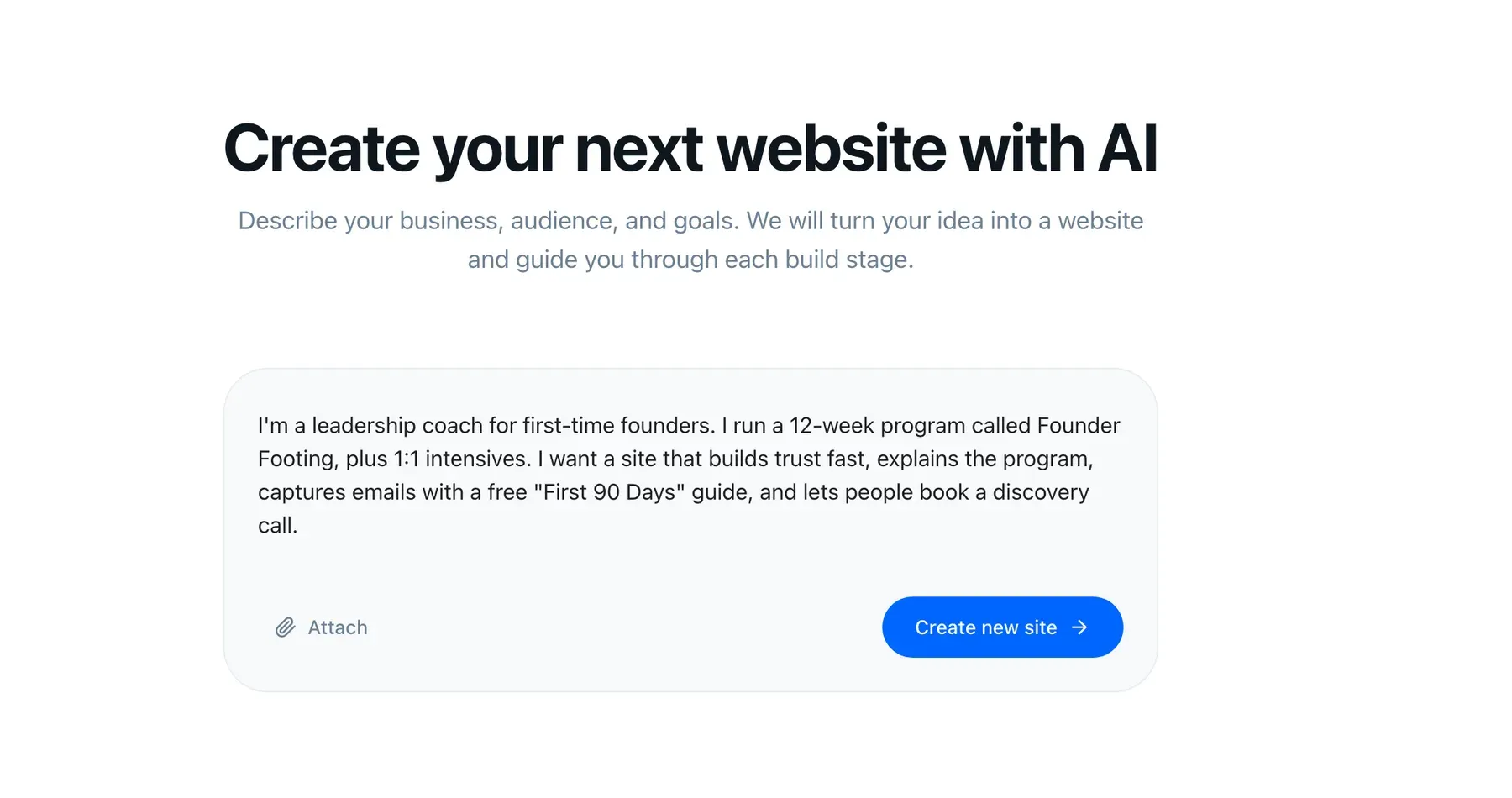 The StoryPages AI builder with a founder's business description typed into the prompt box