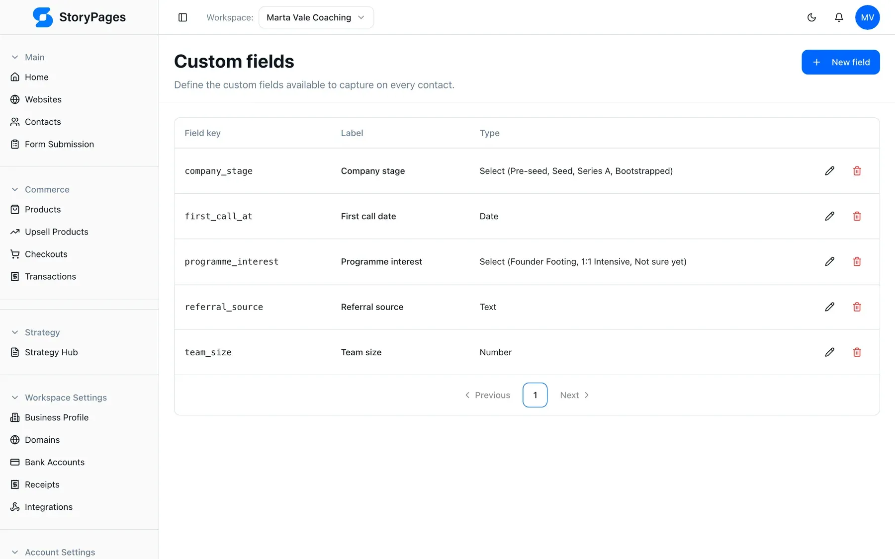 StoryPages CRM custom fields configuration screen