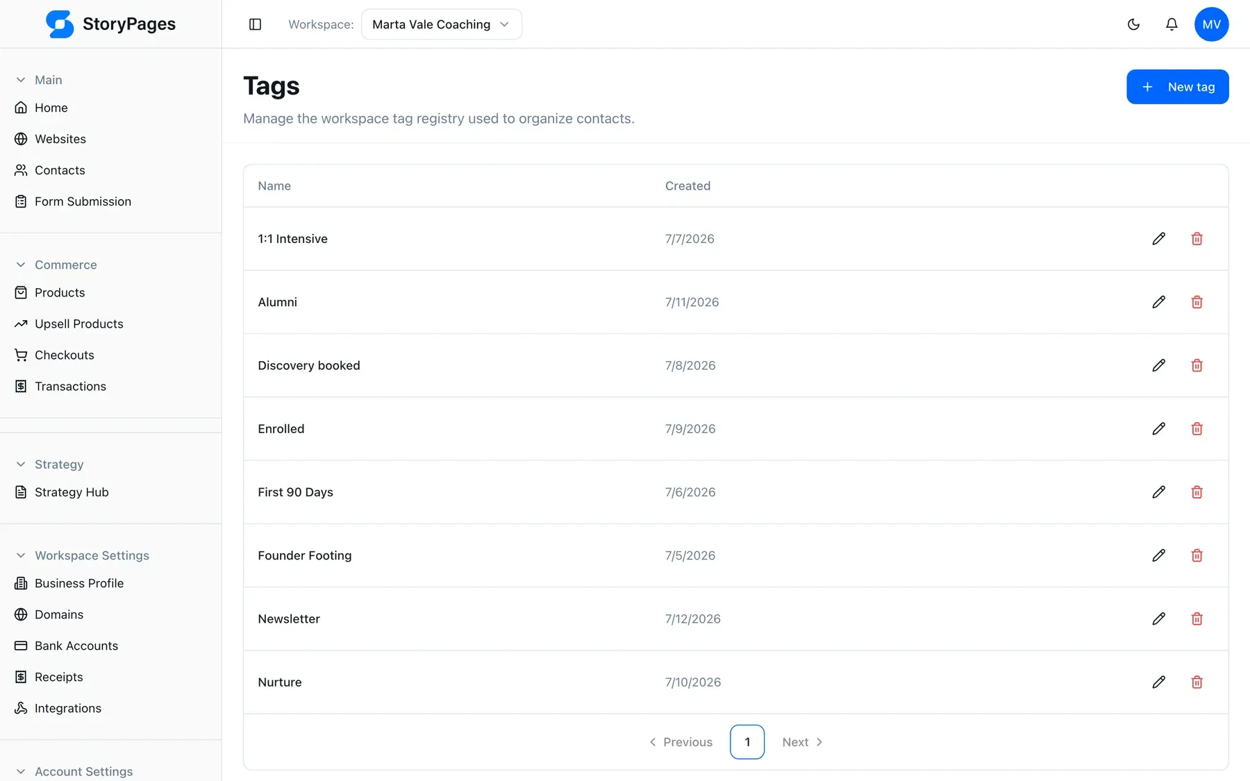 StoryPages CRM tag management interface