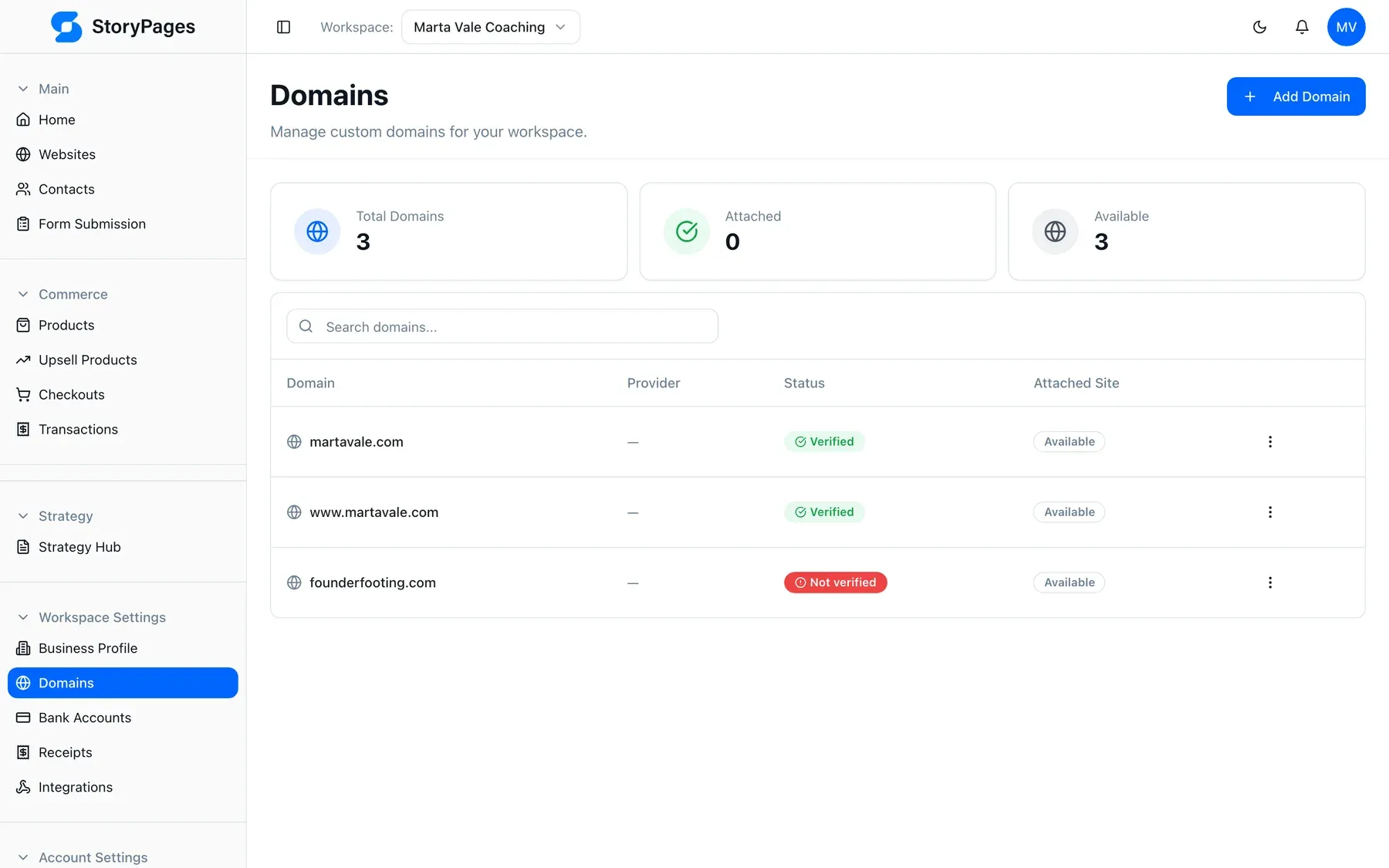 StoryPages custom domain management screen