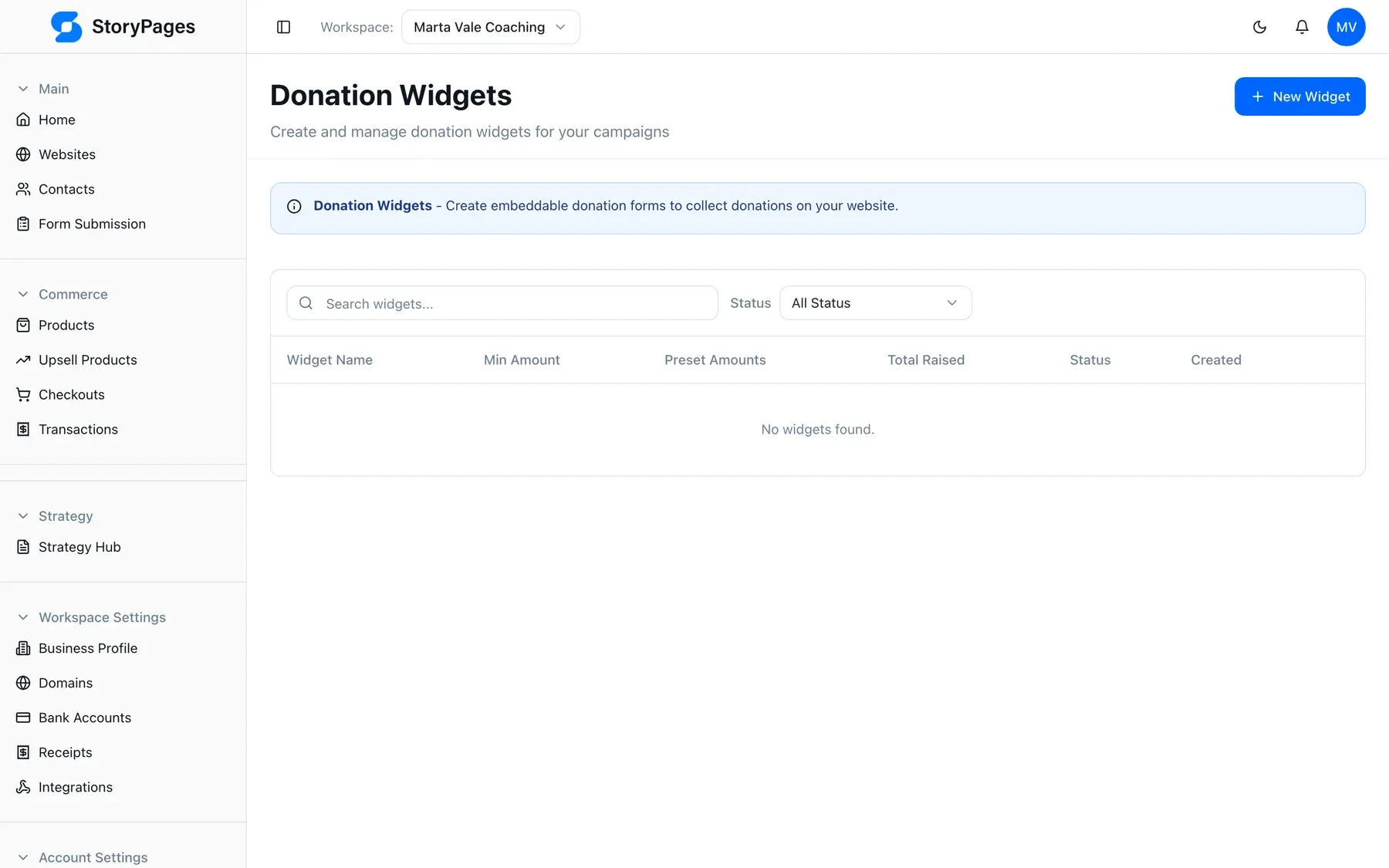 StoryPages donation widget management screen
