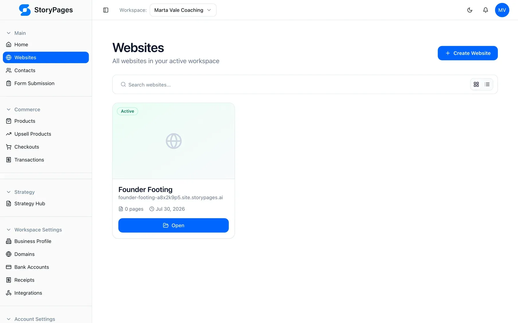 StoryPages websites list showing multiple client sites in a workspace