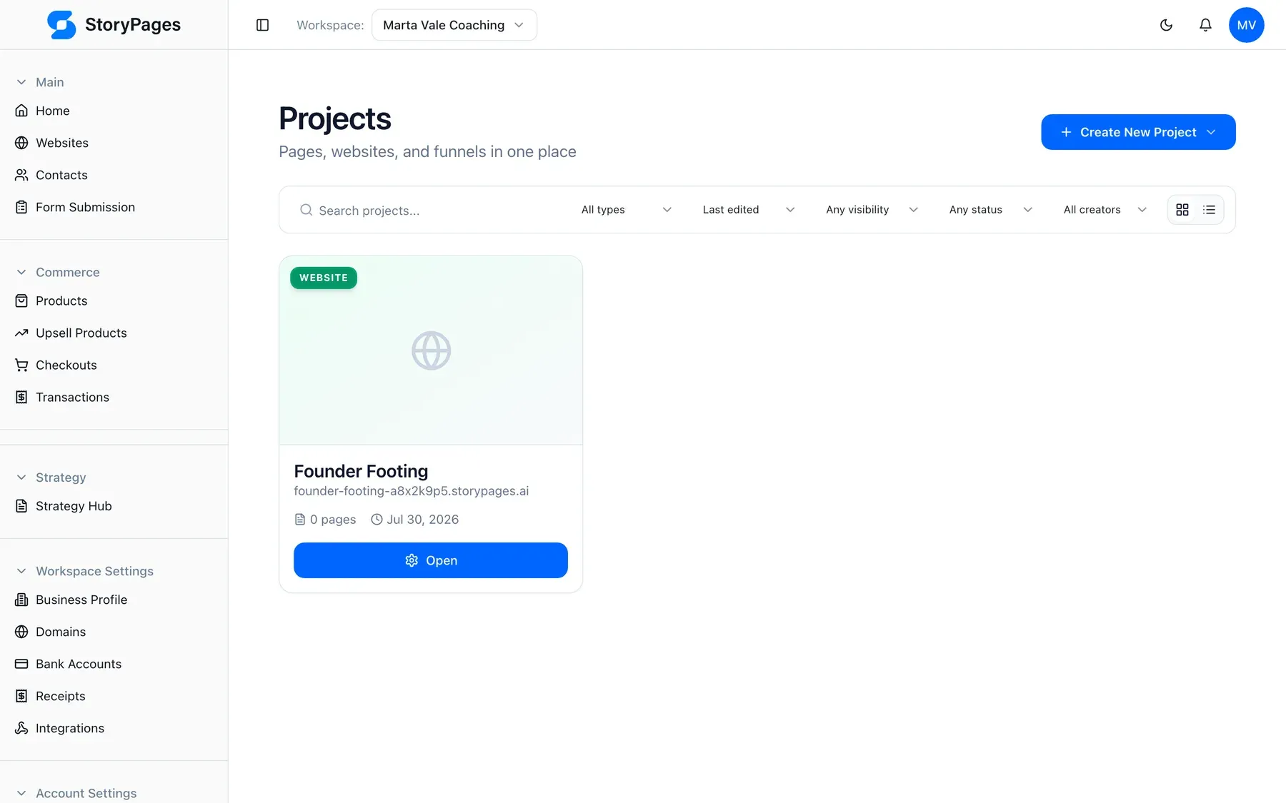 The StoryPages projects workspace listing websites and funnels together