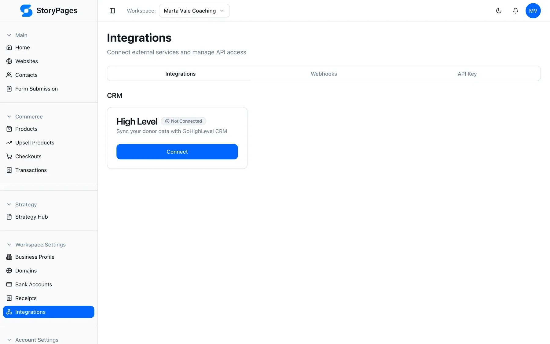 StoryPages integrations settings page